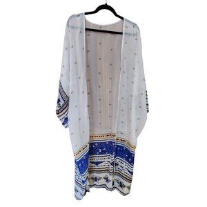 Sheer Bohemian Kimono Cardigan With Blue & White Ethnic Print